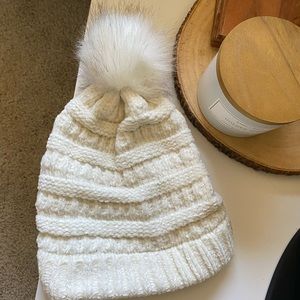 cream colored bunny tail winter hat, worn once